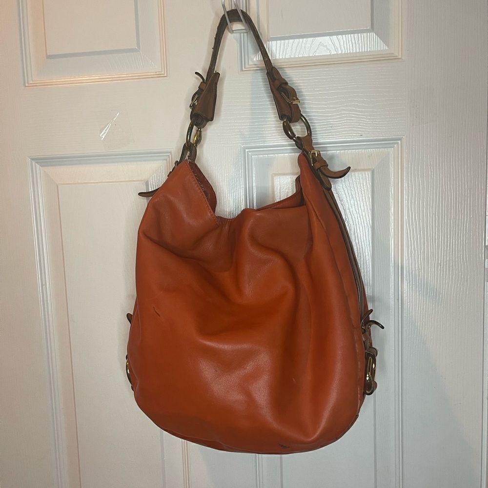 Lauren Ralph Lauren Large Leather Orange Red Hobo Bag Brown strap and trims.